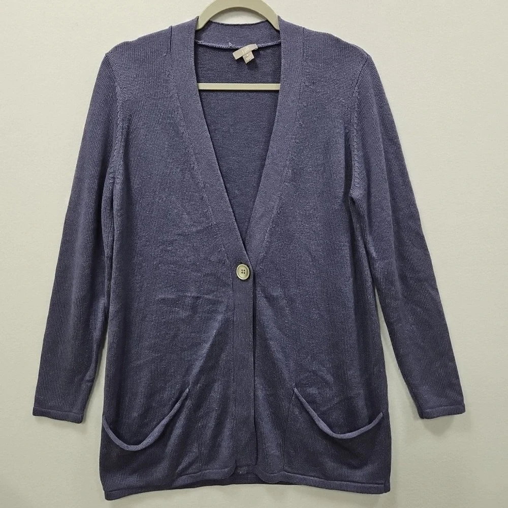 J Jill Purple Cardigan Sweater Size Medium One Button Viscose Wool Blend Pockets - Picture 1 of 8